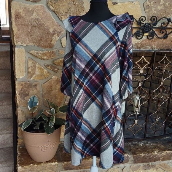 Madison Leigh Plaid Ruffle Shoulder‎ 3/4 Sleeve Swing Dress Sz L - Picture 1 of 12